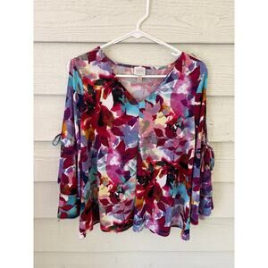 Cupio Floral Blouse Bell Sleeve Flowy V-Neck Multicolor Size Small